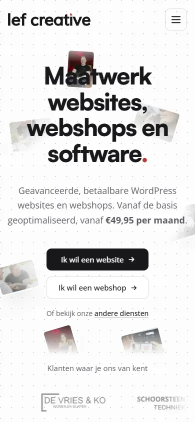 Dezelfde homepage op een telefoon: de kop over meer regels, knoppen onder elkaar en het menu achter een hamburgerknop