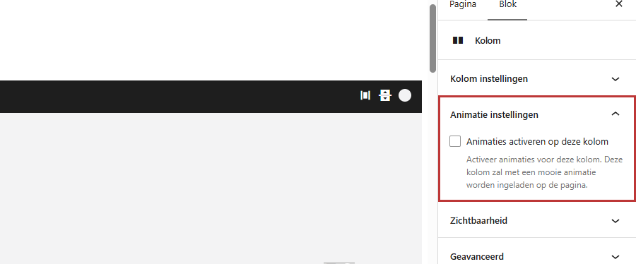 Een geselecteerde kolom in de editor met rechts het paneel Animatie instellingen, met het vinkje Animaties activeren op deze kolom en de keuzelijst Animatie rood omkaderd