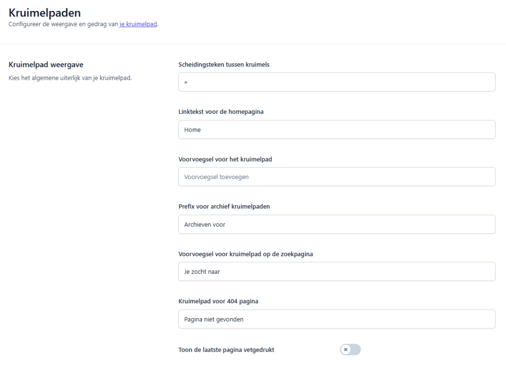 De Yoast SEO-instellingen, onderdeel Geavanceerd, Kruimelpaden, met de velden Scheidingsteken tussen kruimels en Linktekst voor de homepagina gemarkeerd