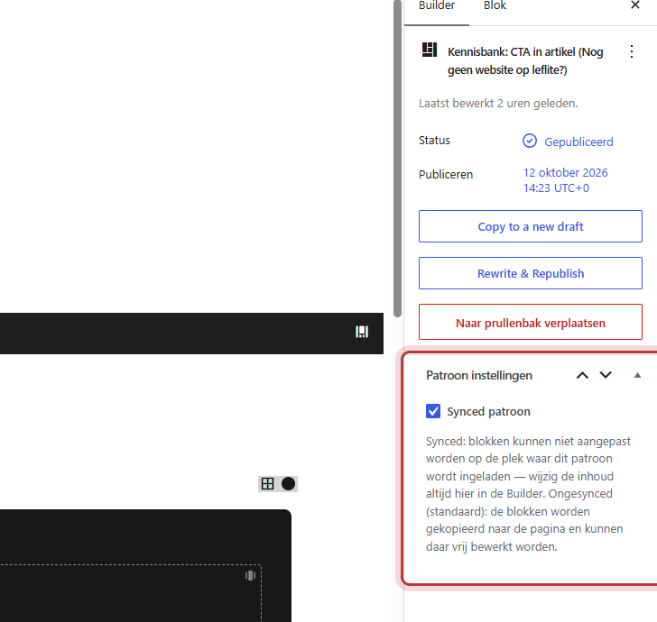 Een builder in de editor met rechts het vak Patroon instellingen en het vinkje Synced patroon gemarkeerd
