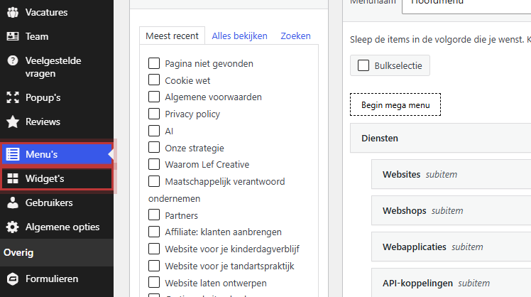 Het menu links met de onderdelen Menu's en Widget's gemarkeerd