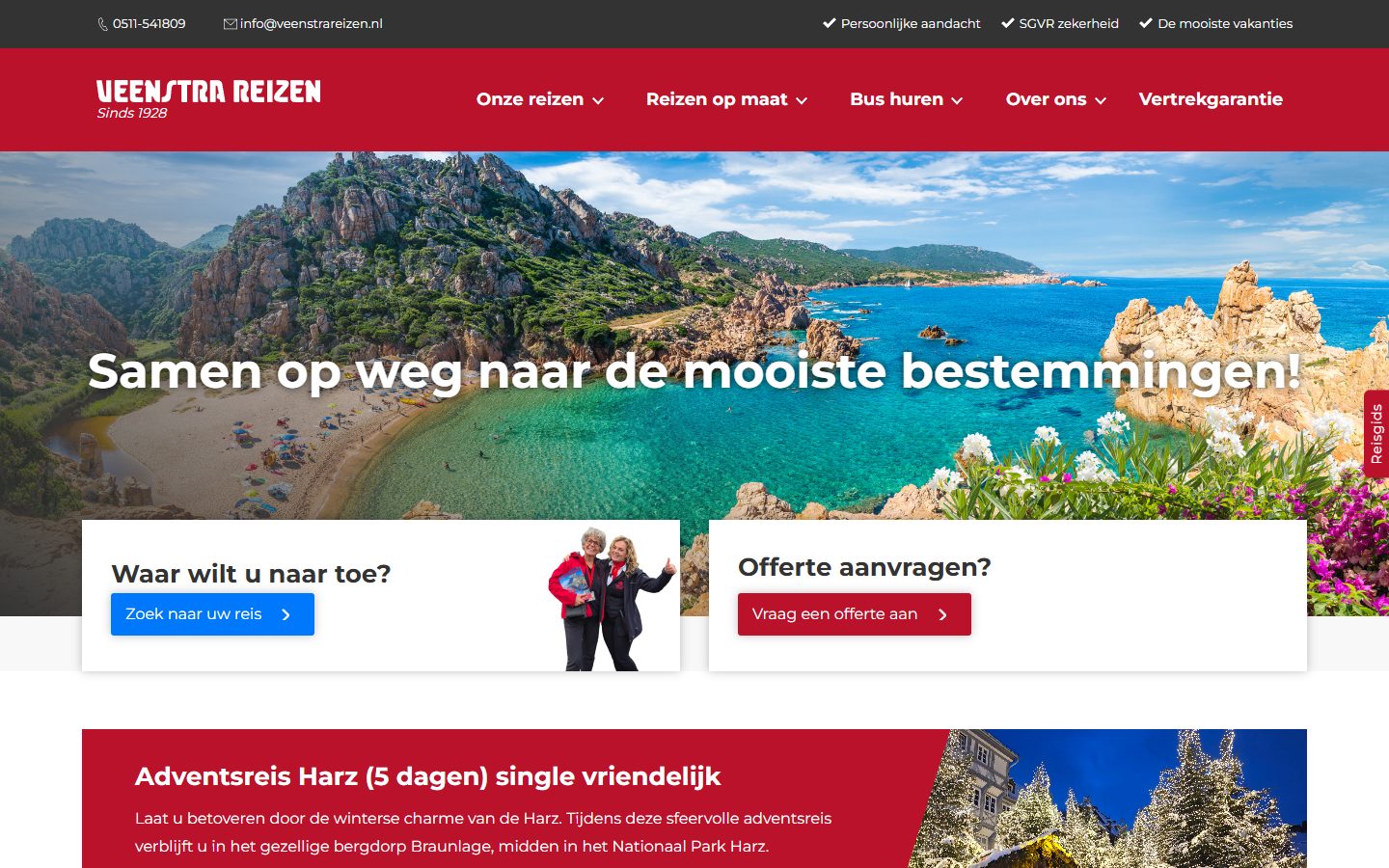 Homepage van Veenstra Reizen: samen op weg naar de mooiste bestemmingen