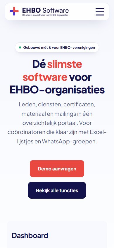 Website van EHBO Software op mobiel, scherm 1