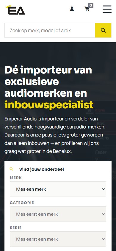 Website van Emperor Audio op mobiel, scherm 1