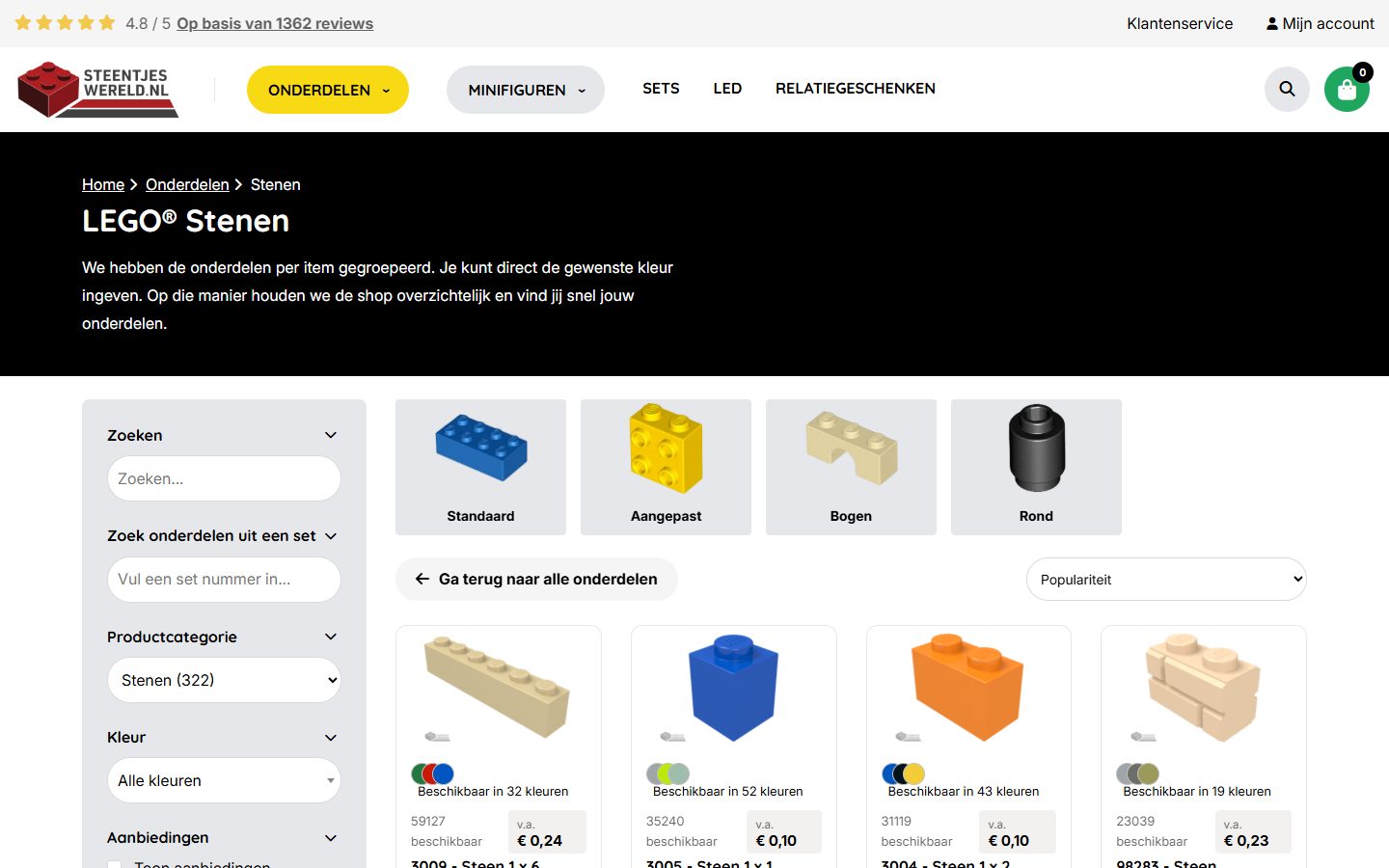 Overzicht van LEGO-stenen in de Steentjeswereld-webshop