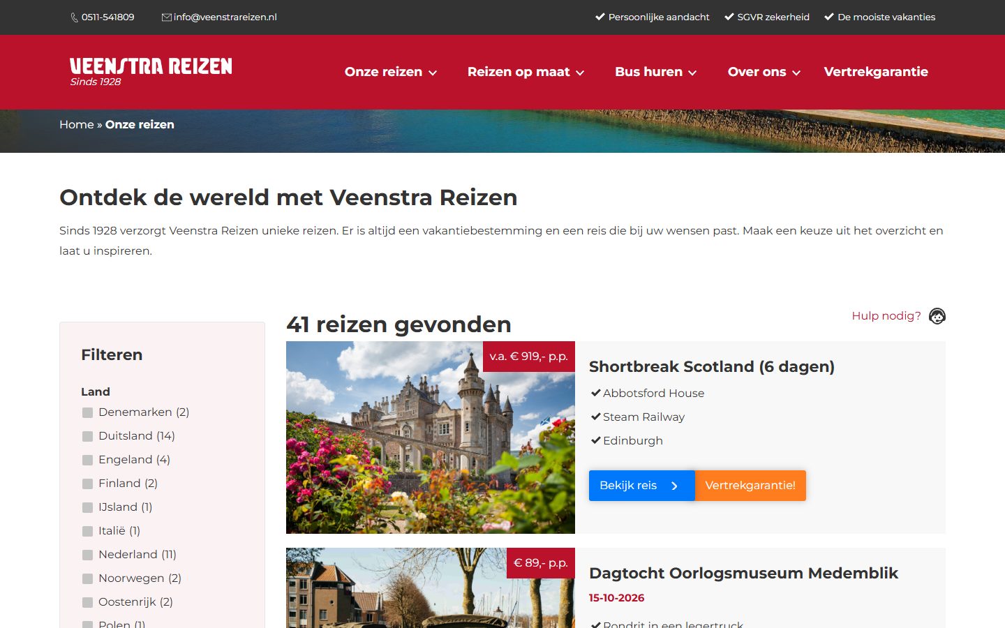 Reizenoverzicht met filters op de website van Veenstra Reizen