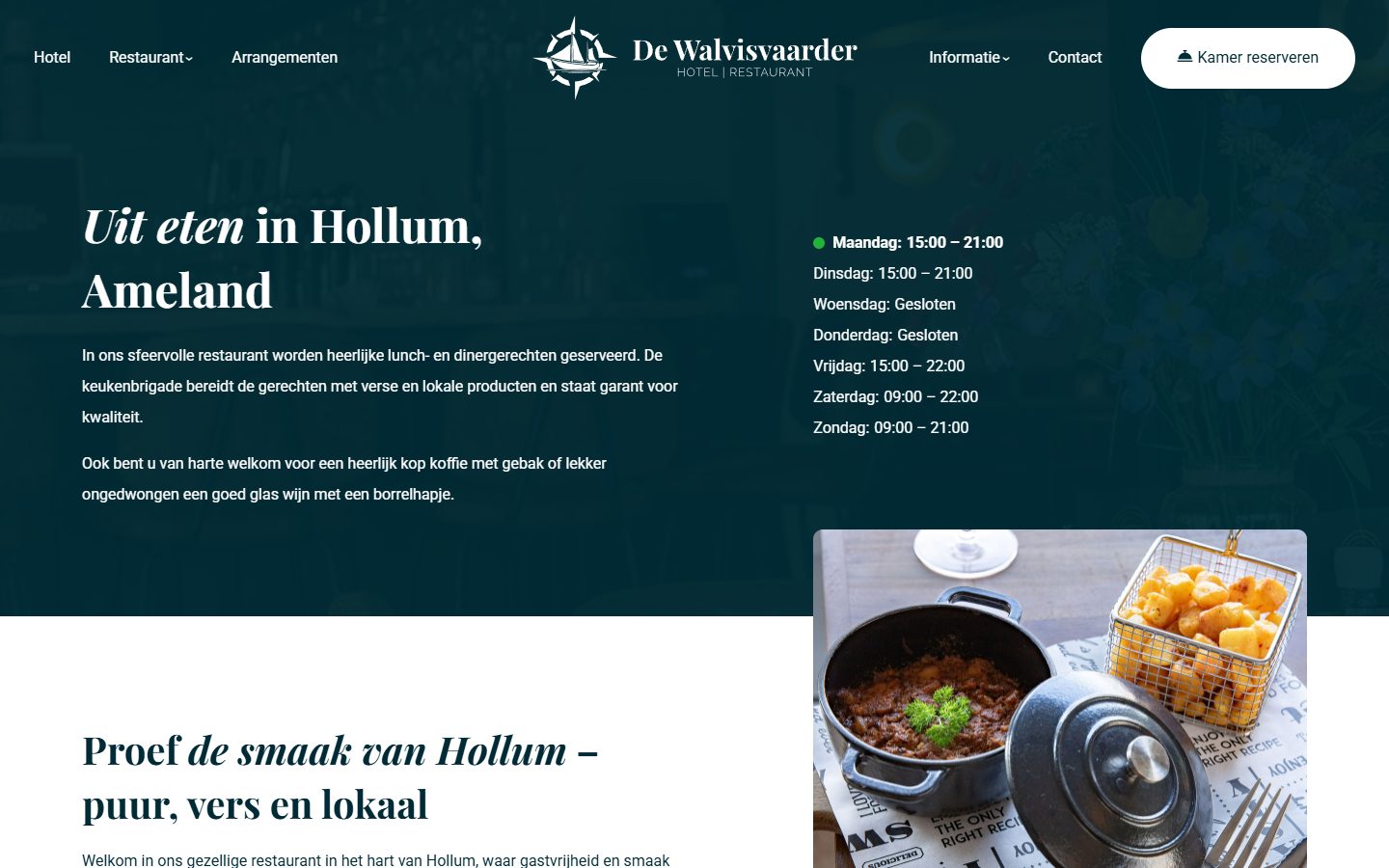 Restaurantpagina op de website van De Walvisvaarder in Hollum