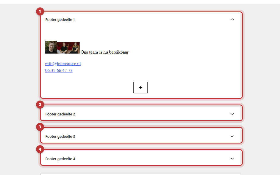 Widget's met de widgetgebieden Footer gedeelte 1 tot en met 4, rood omkaderd