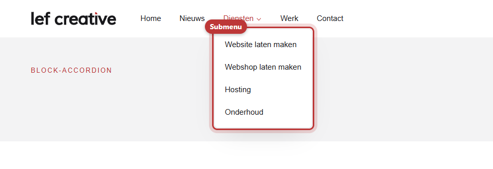 Het hoofdmenu van een website met onder Diensten een uitgeklapt submenu met vier links, rood omkaderd