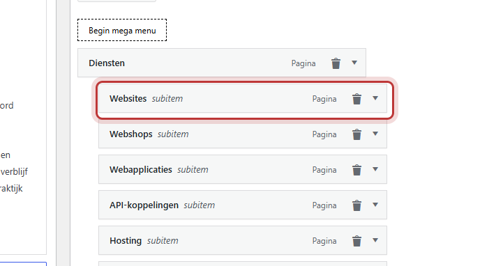 De menustructuur met een ingesprongen item onder Diensten, met de tekst subitem erachter; het ingesprongen item is rood omkaderd