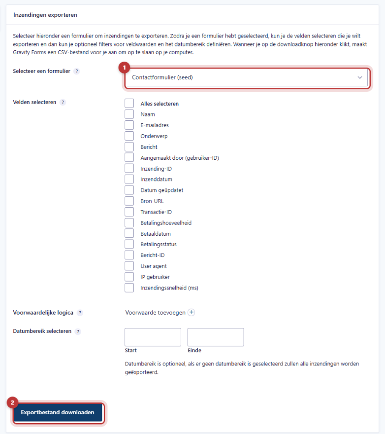 Het scherm Inzendingen exporteren met de formulierkeuze en de knop Exportbestand downloaden gemarkeerd