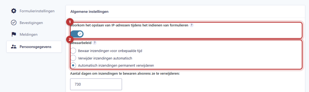 Het tabblad Persoonsgegevens van een formulier met het vinkje voor IP-adressen en het bewaarbeleid van 730 dagen gemarkeerd