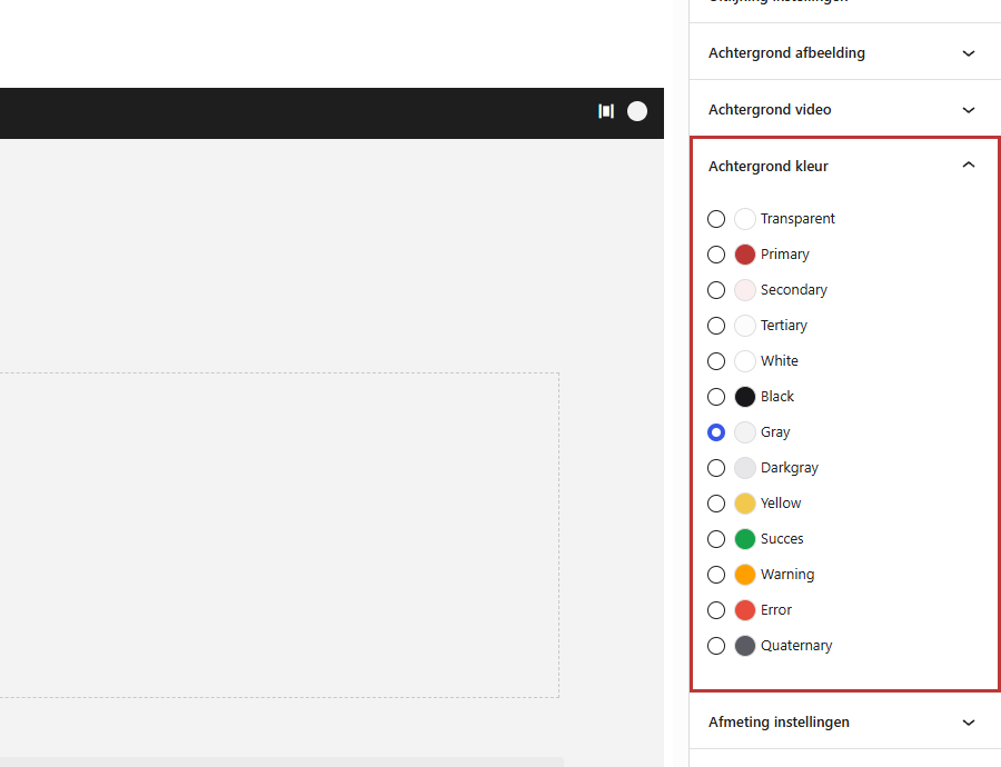 Een geselecteerde sectie in de editor met rechts het paneel Achtergrond kleur met alle huisstijlkleuren als keuzes, rood omkaderd