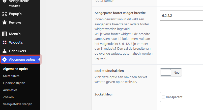 Het menu-item Algemene opties met de rij knoppen naar Bedrijfsgegevens, Openingstijden, Notificatie en de andere onderdelen