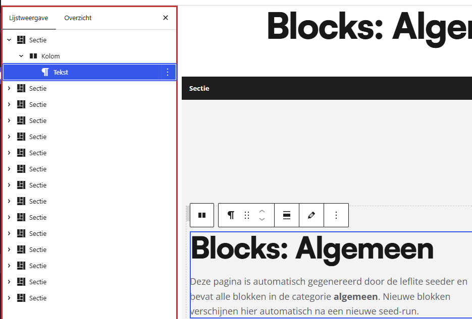 De WordPress-editor met een sectie van twee kolommen en de lijstweergave open, waarin Sectie, Kolom en Tekst onder elkaar staan