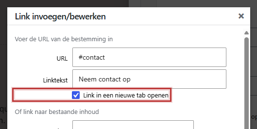 Het venster Link invoegen/bewerken met het vinkje Link in een nieuwe tab openen gemarkeerd
