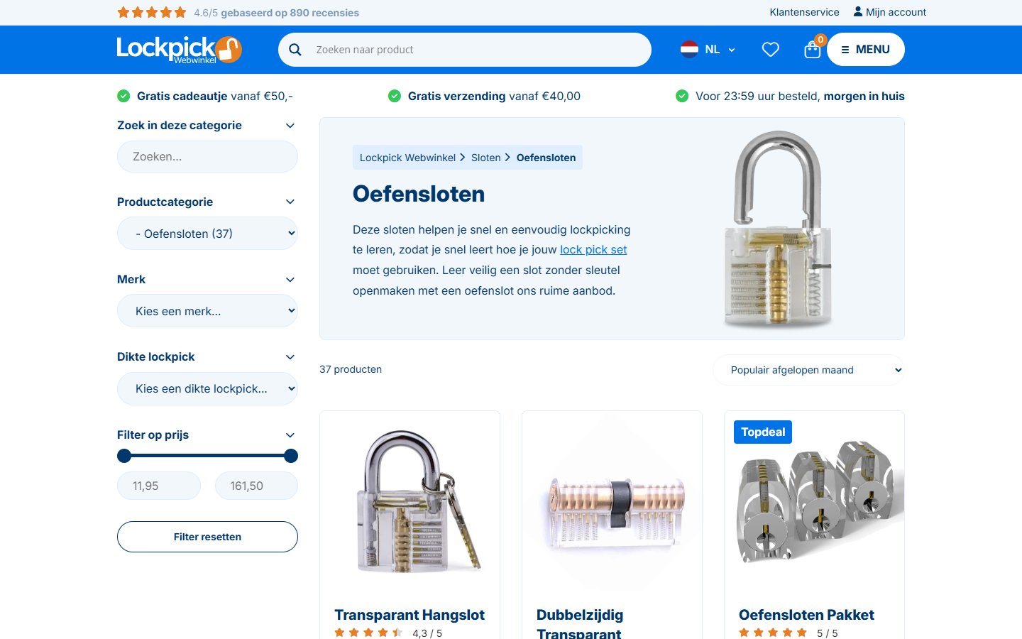 Filteren per categorie op de website van Lockpick Webwinkel