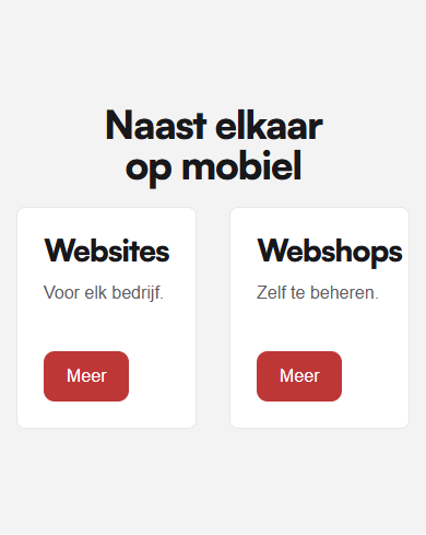 Een telefoonscherm met twee witte cards, Websites en Webshops, naast elkaar in plaats van onder elkaar