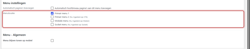 Onderaan Menu's het blok Menu instellingen met de menulocaties, waarvan het vinkje bij Mobiele menu rood omkaderd is
