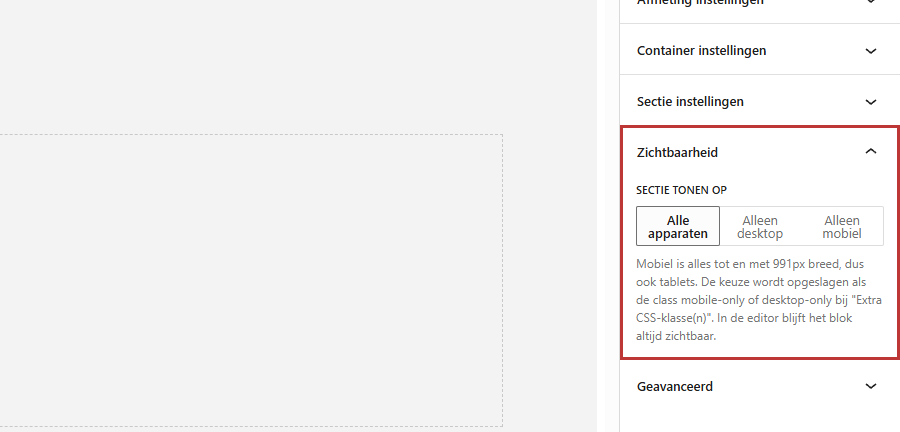 Het paneel Zichtbaarheid met de knoppen Alle apparaten, Alleen desktop en Alleen mobiel en de keuze Alleen mobiel gemarkeerd
