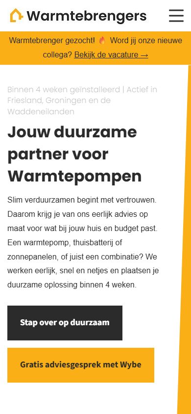Website van Warmtebrengers op mobiel: homepage