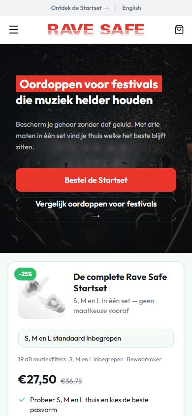 RaveSafe-webshop op mobiel: homepage