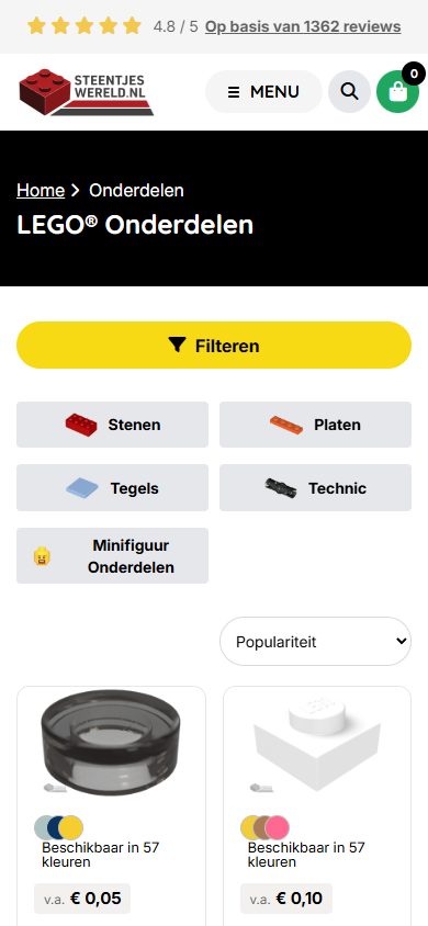Steentjeswereld-webshop op mobiel: LEGO-onderdelen