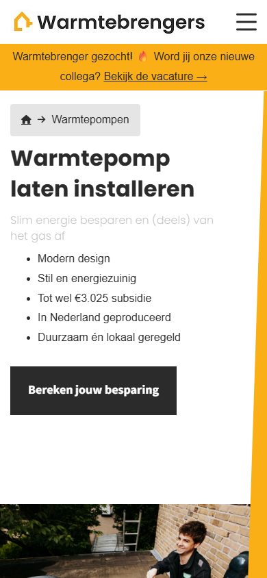 Website van Warmtebrengers op mobiel: warmtepomp laten installeren