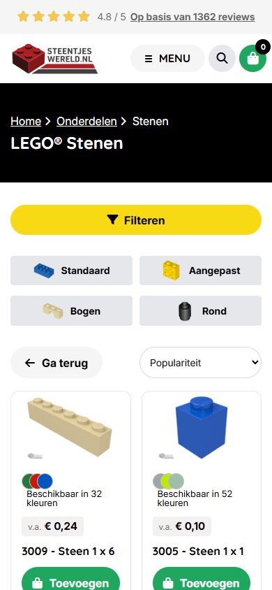 Steentjeswereld-webshop op mobiel: LEGO-stenen