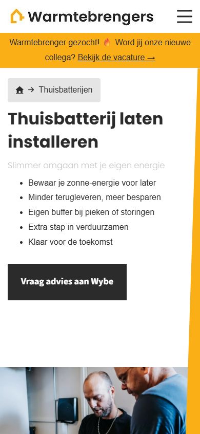 Website van Warmtebrengers op mobiel: thuisbatterij laten installeren