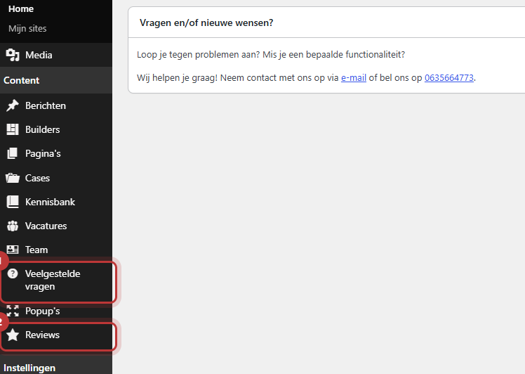Het menu links in WordPress met de nieuwe menu-items Veelgestelde vragen en Reviews gemarkeerd