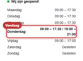 Een lijst met openingstijden van maandag tot en met zondag, waarin donderdag vetgedrukt staat met een groen bolletje en een koopavond; donderdag is rood omkaderd