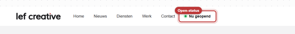Een menu met na Contact het item Nu geopend met een groen bolletje ervoor, rood omkaderd