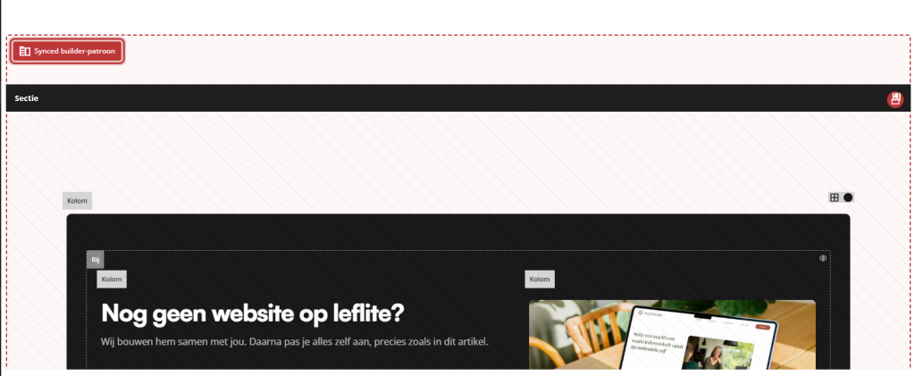 Een ingevoegd synced patroon in de editor met bovenaan het label Synced builder-patroon gemarkeerd