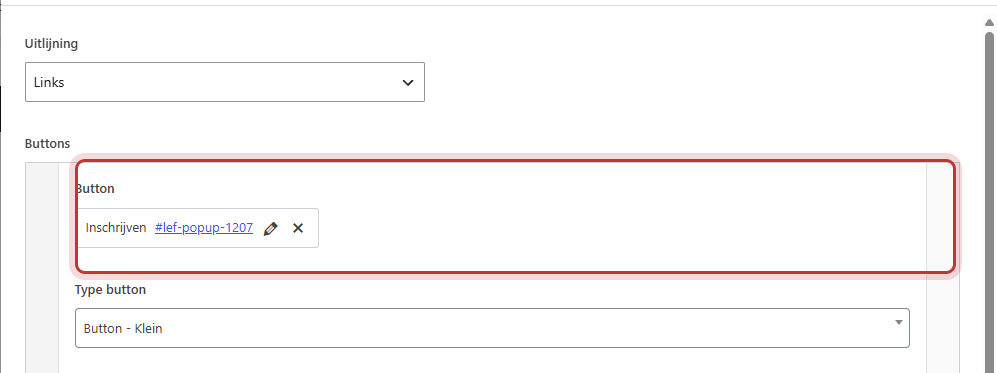 De instellingen van een knop met in het linkveld de link naar de pop-up gemarkeerd