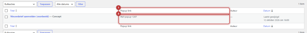 Het overzicht Popup's met de kolom Popup link gemarkeerd