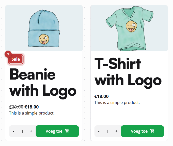 Twee productkaarten met foto, naam, prijs en bestelknop, met het Sale-label boven de productnaam gemarkeerd