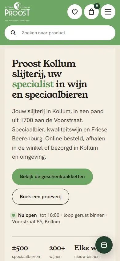 Website van Proost Kollum op mobiel, scherm 1