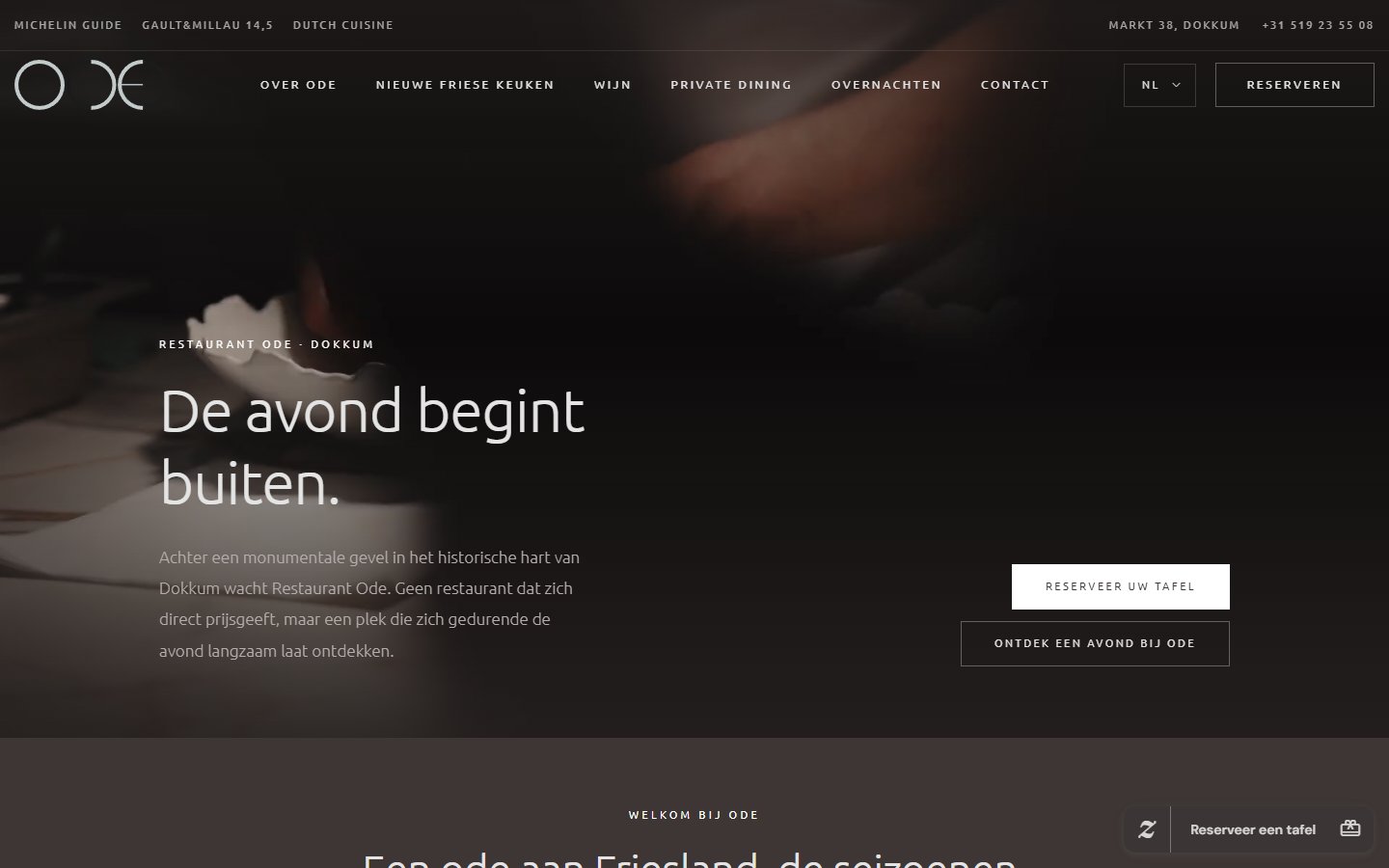 Homepage van Restaurant Ode op desktop