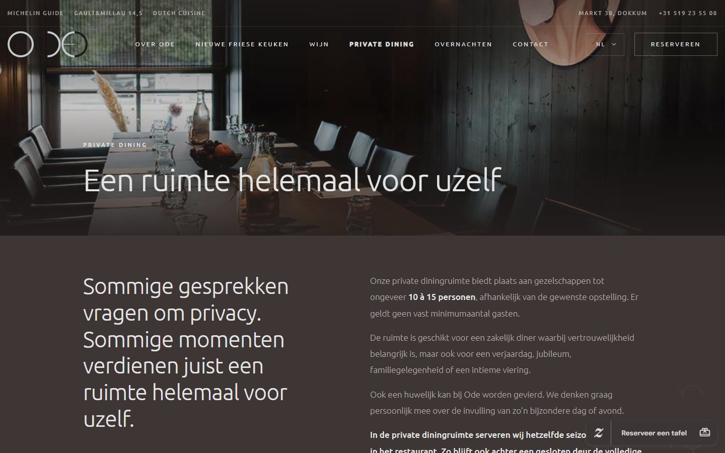 Private dining op de website van Restaurant Ode