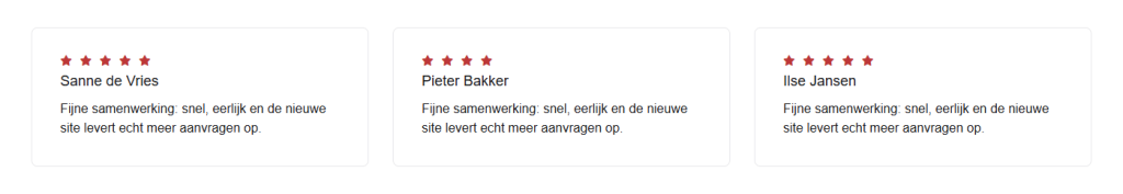 Drie review-cards naast elkaar met rode sterren, de naam van de klant en een korte tekst