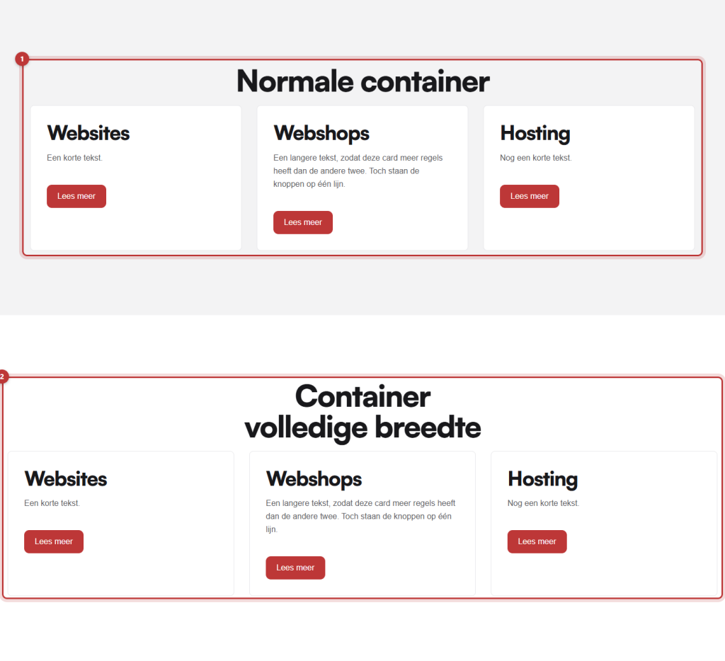 Twee secties met elk drie cards: bij 1 de normale container met ruimte aan de zijkanten, bij 2 de container over de volledige breedte tot aan de rand van het scherm