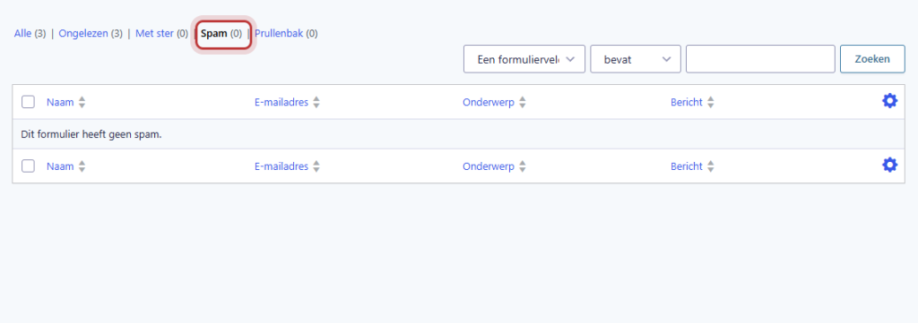 De lijst met inzendingen met het filter Spam gemarkeerd