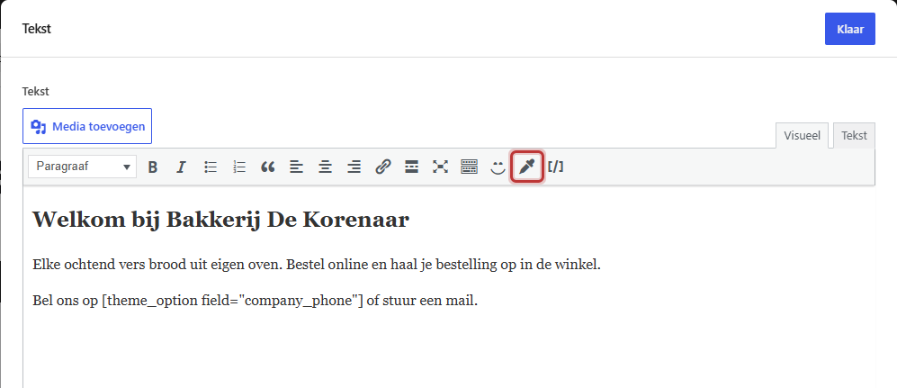Een geselecteerd woord in het Tekst-blok met het venster Kleur selecteren open, met de kopjes Tekst kleur en Achtergrond kleur gemarkeerd