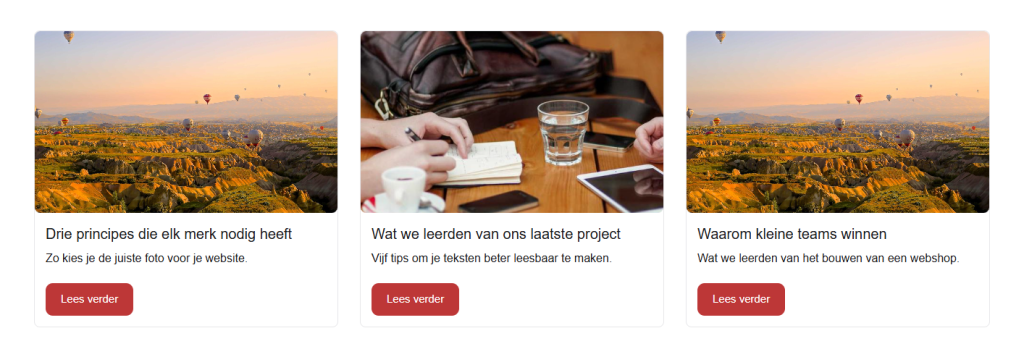 Drie blogberichten als cards naast elkaar op de website, elk met een foto, een titel, een korte tekst en een knop Lees meer