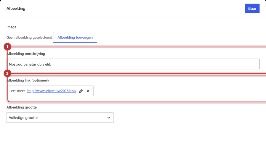 Het blok Afbeelding geselecteerd in de editor, met rechts het veld Afbeelding grootte gemarkeerd