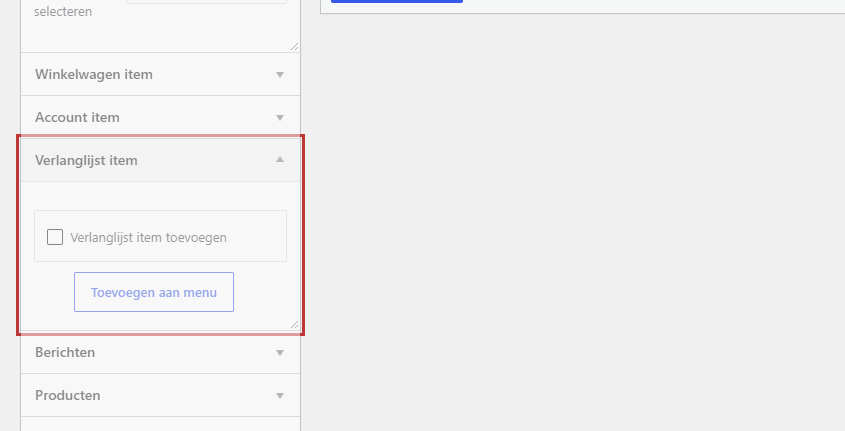 Het scherm Menu's met links het vak Verlanglijst item gemarkeerd