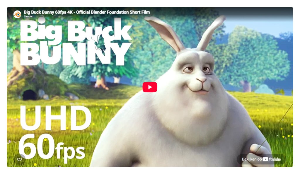 Een YouTube-video in een kolom met het startbeeld van de film, de titel linksboven en een rode afspeelknop in het midden