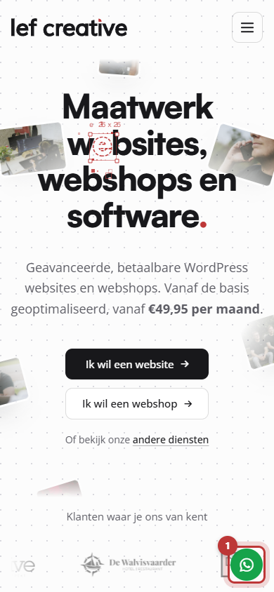 Een website op een telefoon met rechtsonder een groene ronde knop met het WhatsApp-logo, rood omkaderd