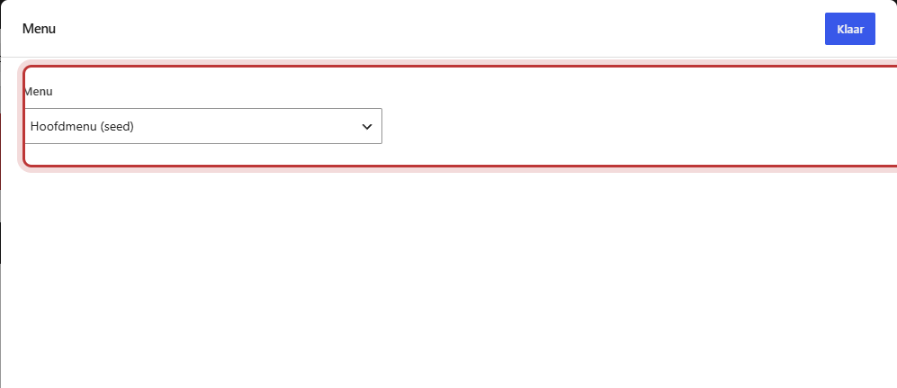 Het blok Menu met rechts de keuzelijst Menu, rood omkaderd